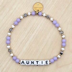 Little Words Project Auntie Beaded Stretch Bracelet Purple White Gold Tone Tag